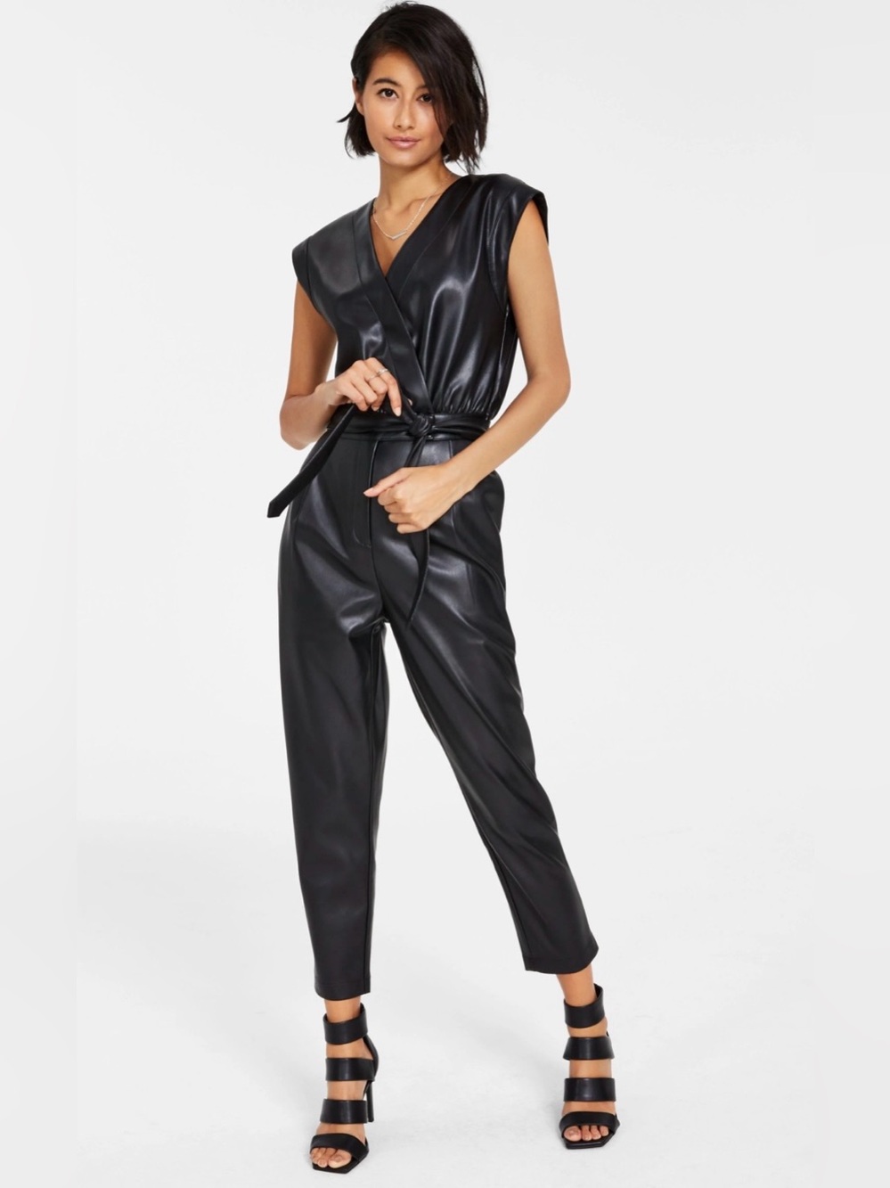 Sleeveless Faux Leather Jumpsuit in Black-Medium